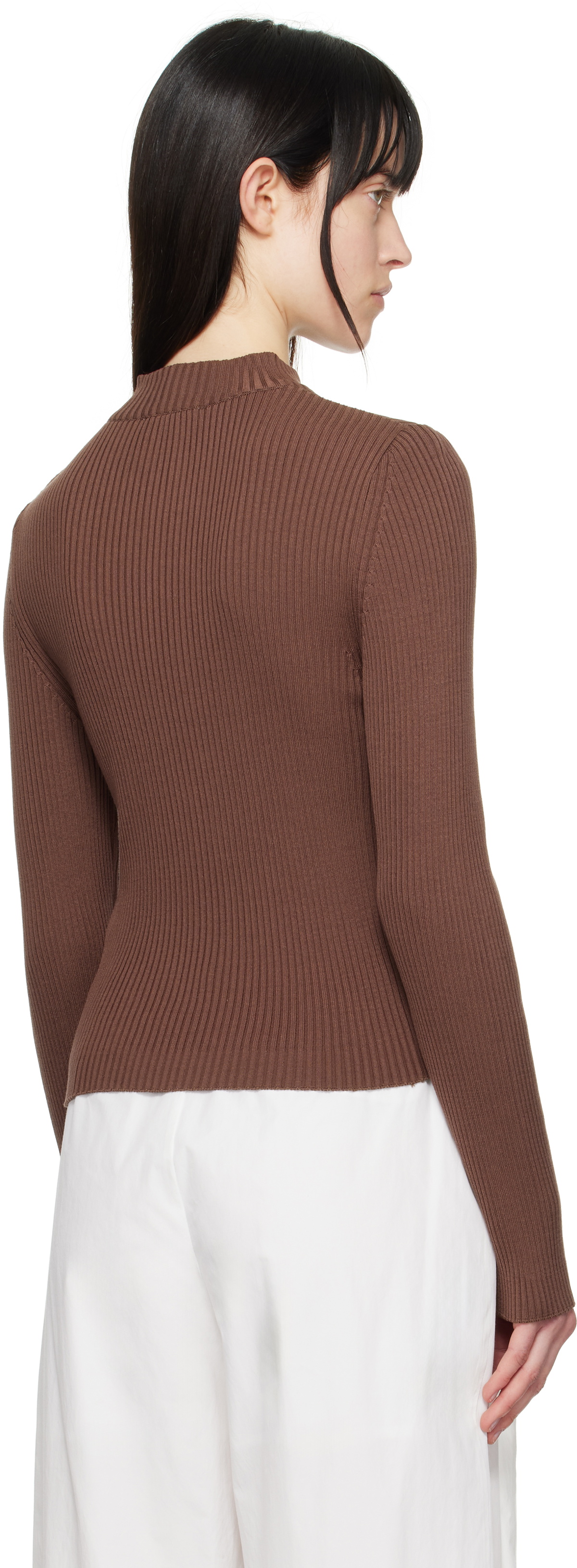AMOMENTO Brown Ribbed Mock Neck Cardigan