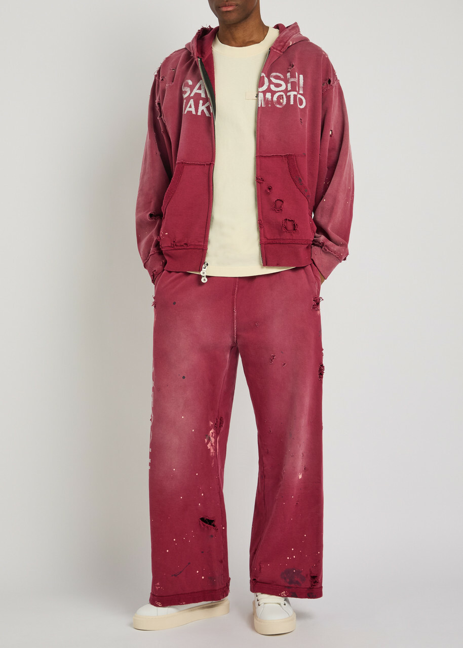 Satoshi Nakamoto Luke Printed Distressed Cotton Sweatpants Burgundy
