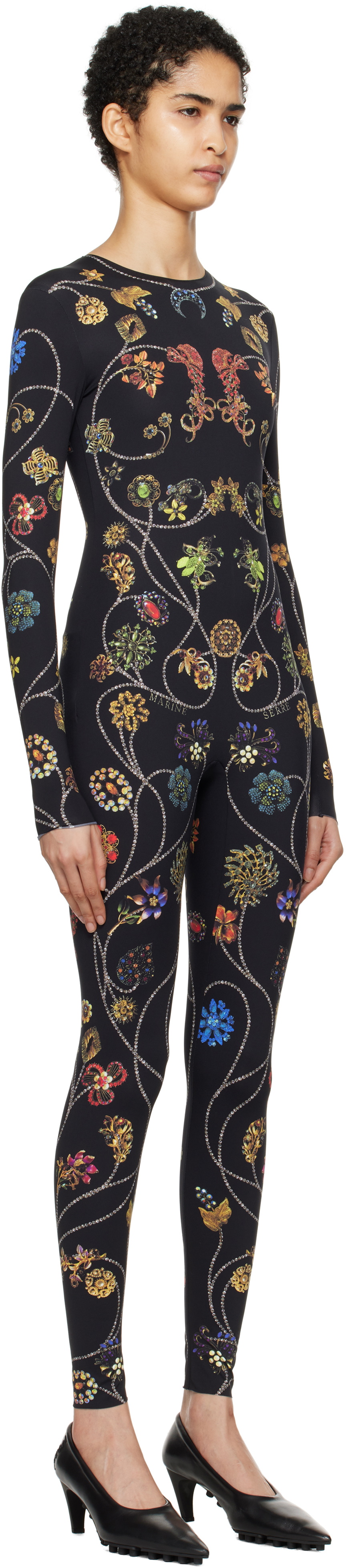 Marine Serre Black Floral Jewelry Printed Jersey Bodysuit