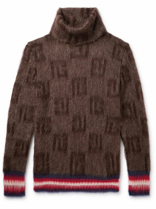 Photo: Balmain - Striped Printed Brushed Mohair-Blend Rollneck Sweater - Brown