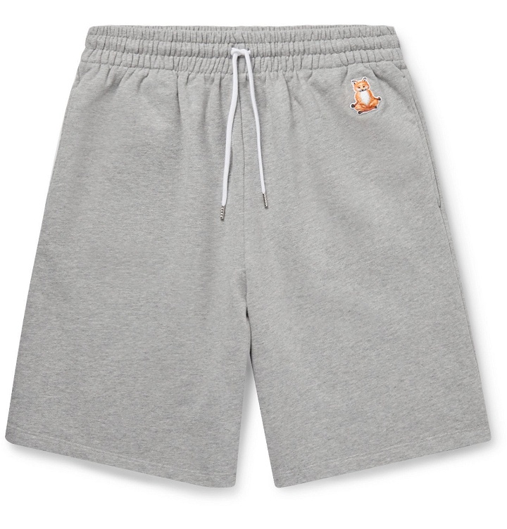 Photo: Maison Kitsuné - Logo-Appliquéd Mélange Loopback Cotton-Jersey Drawstring Shorts - Gray