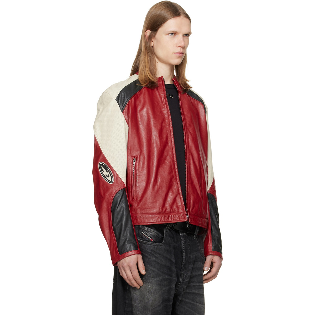 Diesel Red Colour-Block Perforated Leather Biker Jacket