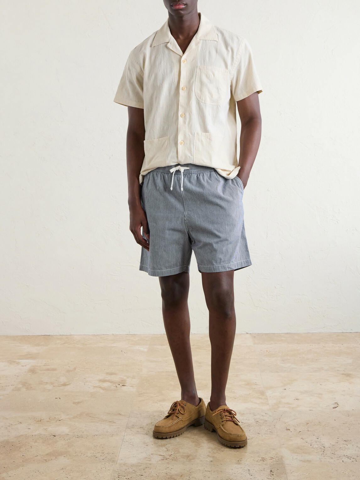 Drake's - Straight-Leg Striped Cotton Drawstring Shorts - Blue