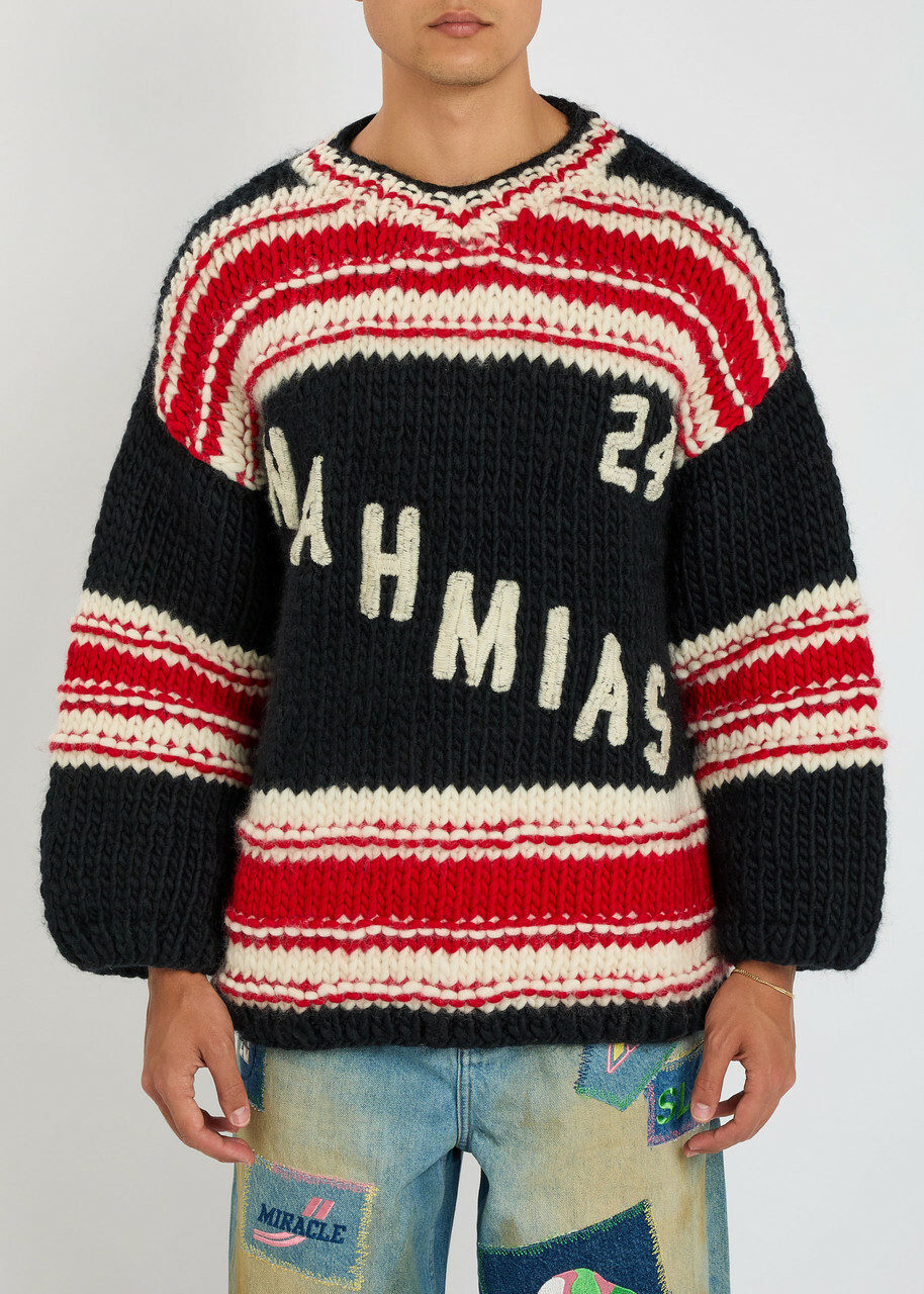 Nahmias Logo Striped-intarsia Wool Jumper Black