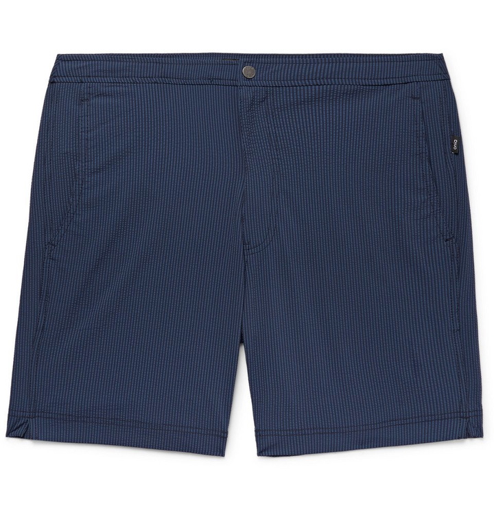 Photo: Onia - Calder Long-Length Striped Stretch-Seersucker Swim Shorts - Men - Navy