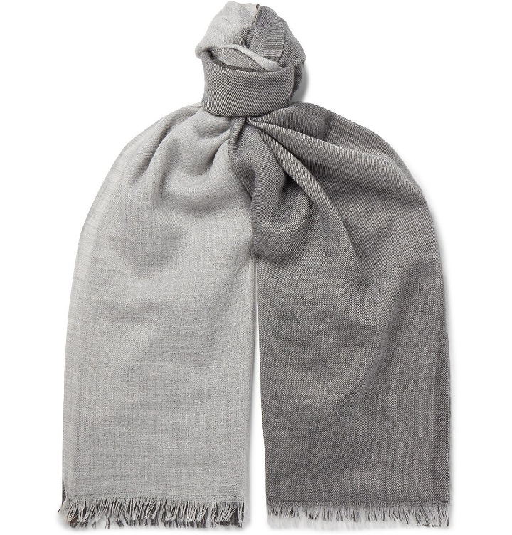 Photo: Brunello Cucinelli - Fringed Striped Cashmere and Silk-Blend Scarf - Gray