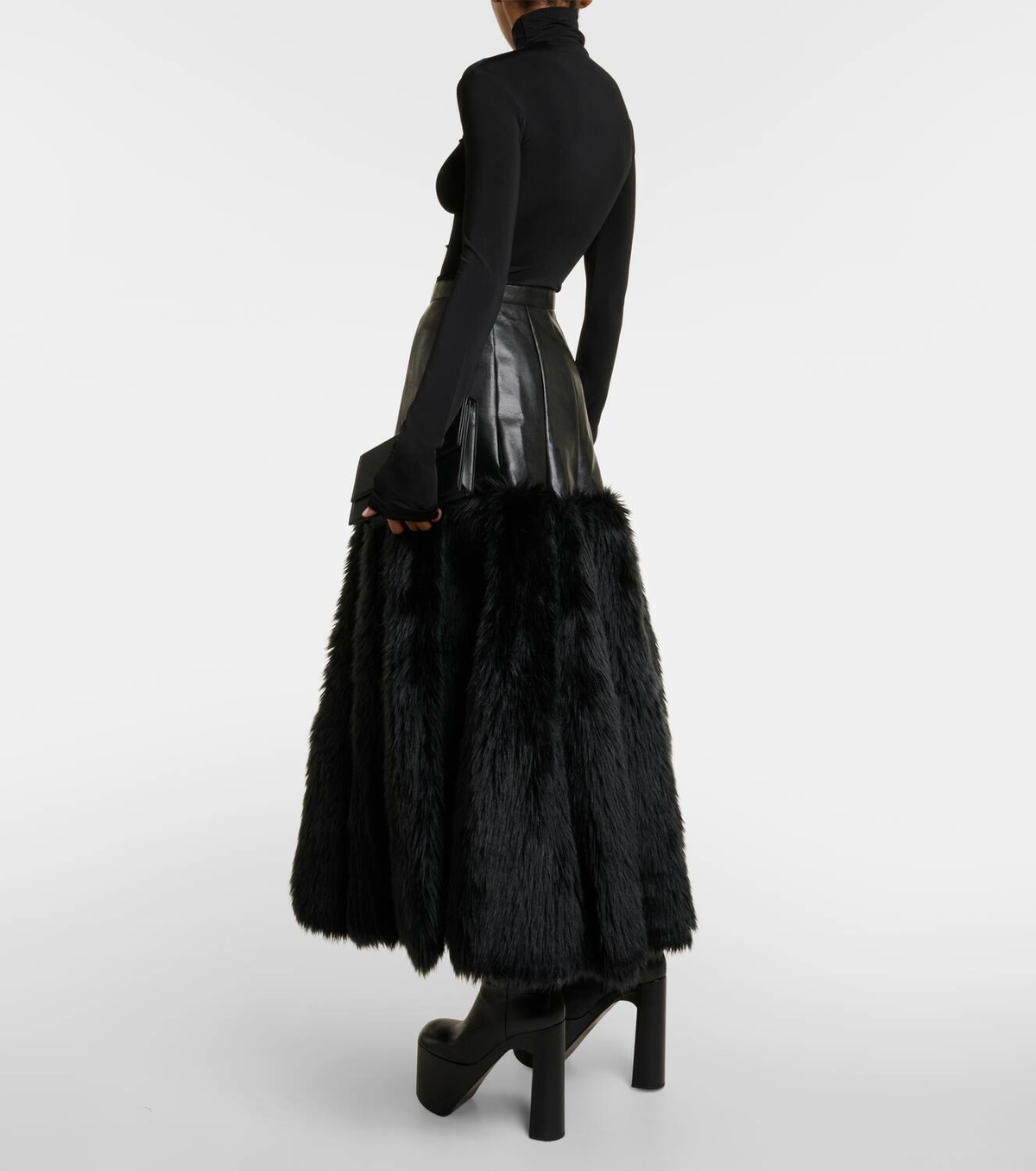 Junya Watanabe Faux fur-trimmed faux leather midi skirt