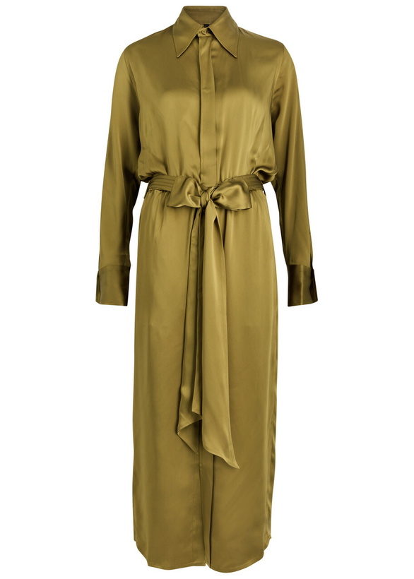 Photo: Petar Petrov The Slippery Belted Satin Midi Shirt Dress Green Olive