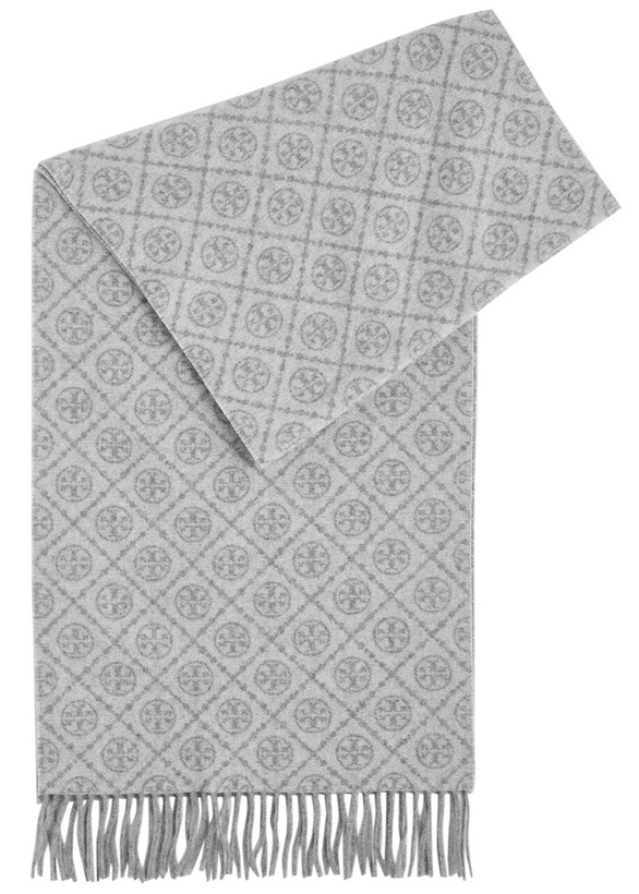 Photo: Tory Burch Logo-monogrammed Wool-blend Scarf - Grey - One Size