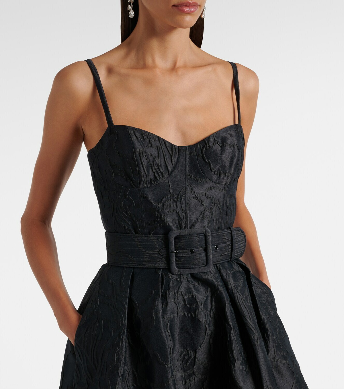 Rebecca Vallance Petra belted jacquard bustier dress