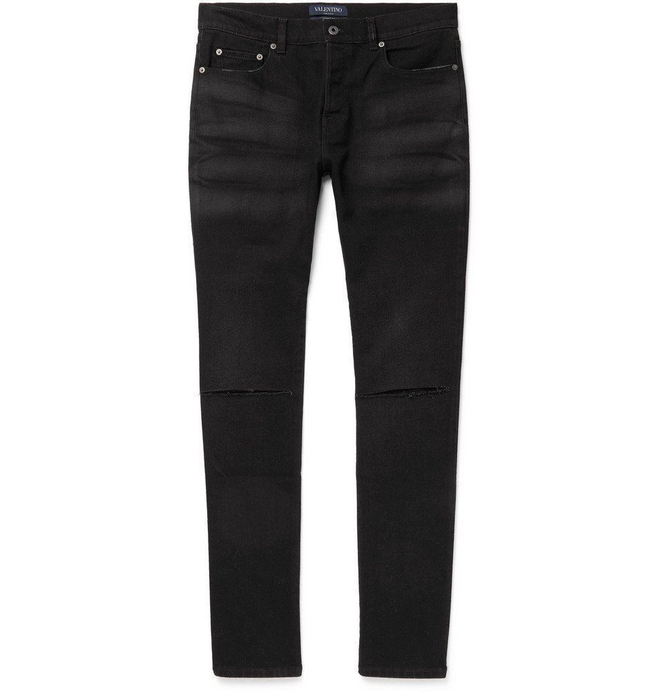 Valentino - Distressed Marble-Washed Stretch-Denim Jeans - Men - Black ...