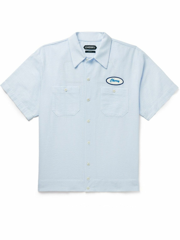 Photo: CHERRY LA - Logo-Appliquéd Cotton-Blend Seersucker Shirt - Blue