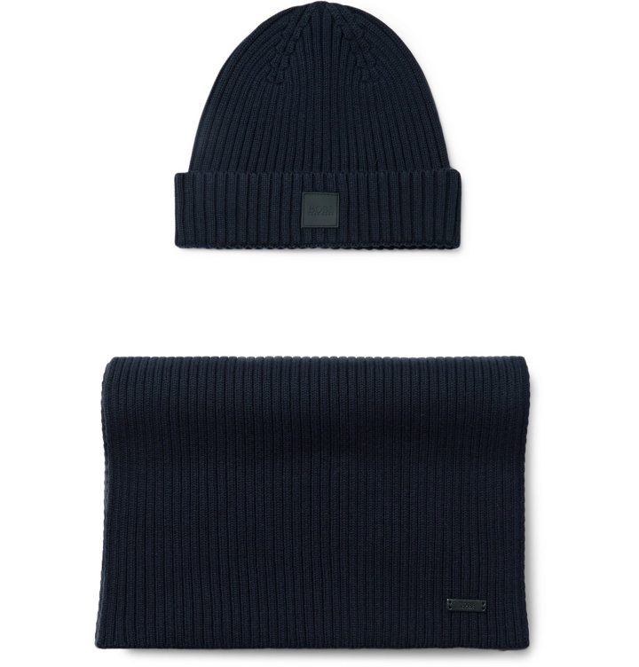 Photo: Hugo Boss - Ribbed Cotton and Wool-Blend Beanie and Scarf Set - Blue