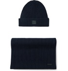 Hugo Boss - Ribbed Cotton and Wool-Blend Beanie and Scarf Set - Blue
