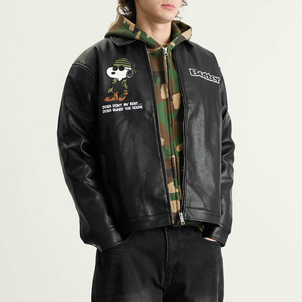 Butter Goods Men's x Peanuts Guard Dog PU Leather Jacket in Black