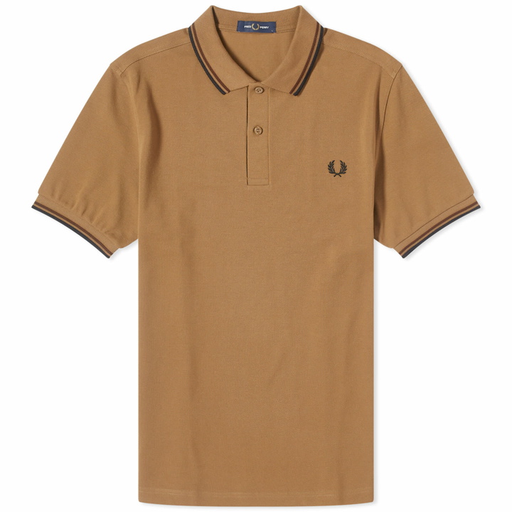 Photo: Fred Perry Men's Twin Tipped Polo Shirt in Shaded Stone/Burnt Tobacco/Black