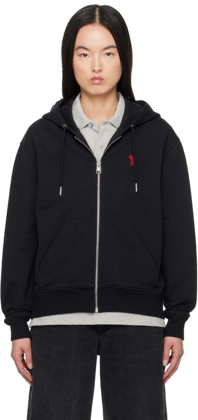 Photo: AMI Paris Black Cotton Ami de Coeur Zipped Hoodie