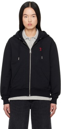 AMI Paris Black Cotton Ami de Coeur Zipped Hoodie
