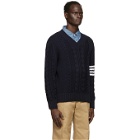 Thom Browne Navy Aran Cable 4-Bar V-Neck Sweater