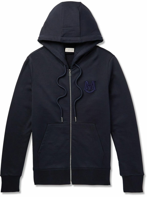 Photo: Moncler - Logo-Appliquéd Cotton-Jersey Zip-Up Hoodie - Blue
