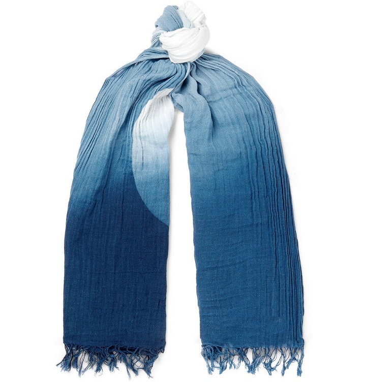 Photo: Blue Blue Japan - Dégradé Indigo-Dyed Cotton and Linen-Blend Scarf - Indigo