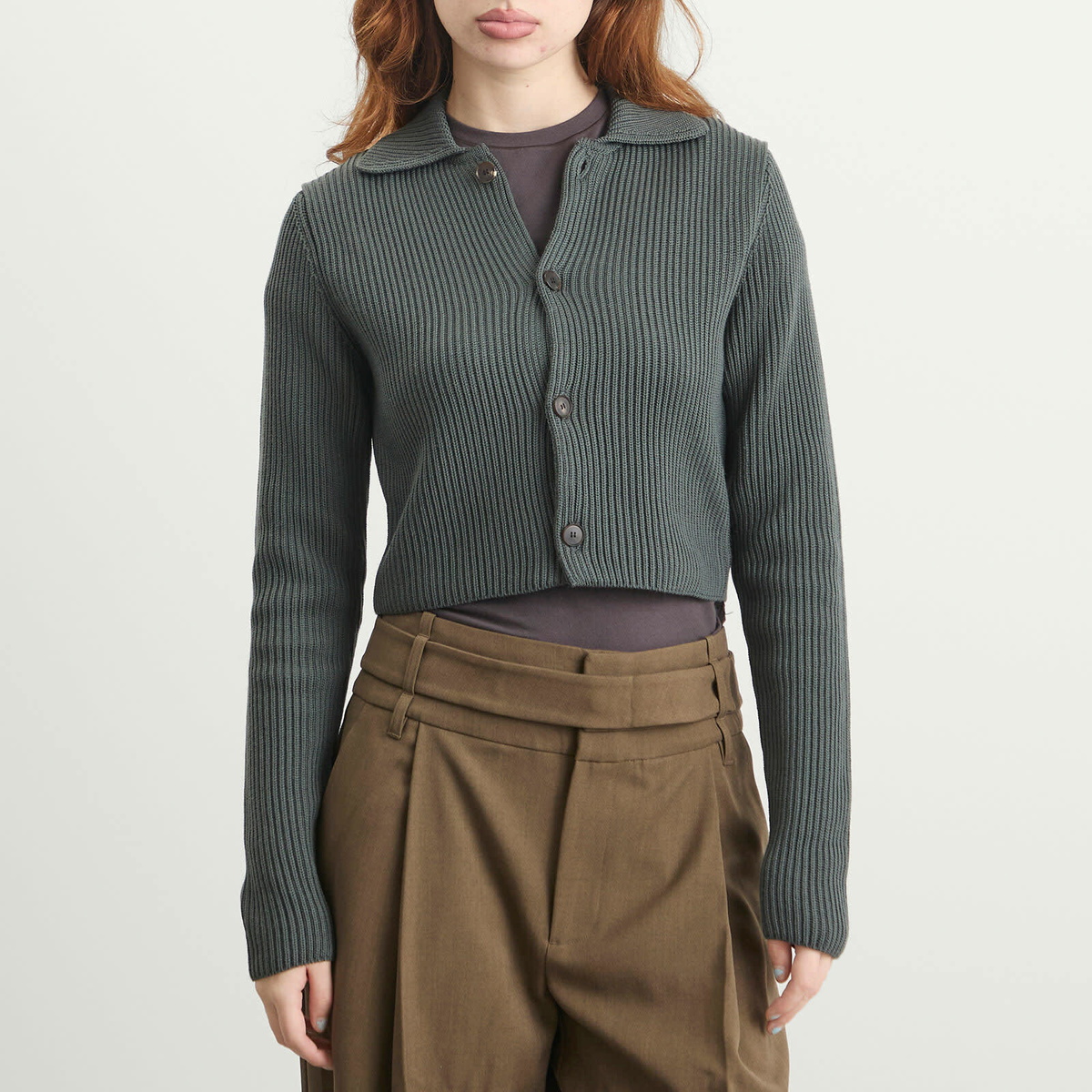 Auralee Women's Crop Knit Shirt Cardigan in Grey