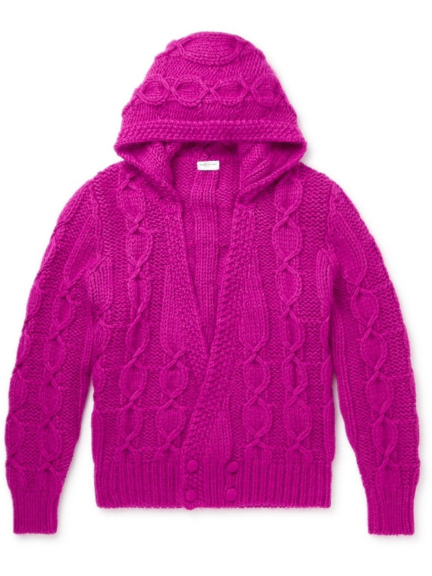 Photo: SAINT LAURENT - Double-Breasted Cable-Knit Wool-Blend Hooded Cardigan - Pink
