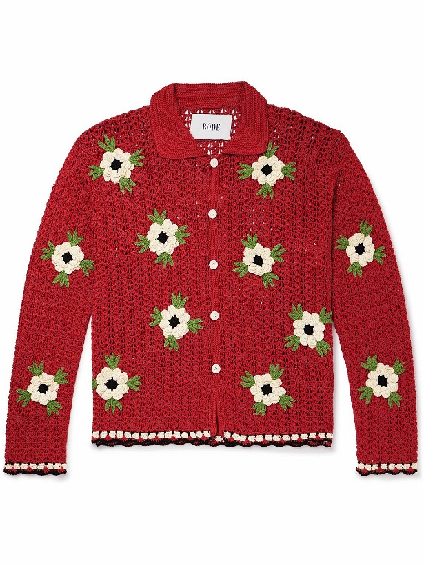 Photo: BODE - Winchester Rose Appliquéd Crocheted Cotton Shirt - Red