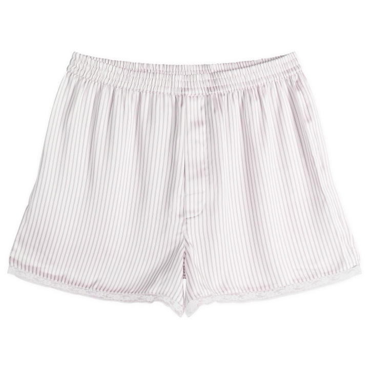 Photo: SKIMS Women's Woven Shine Boxer With Lace in Silver Stripe