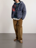 LOEWE - Leather-Trimmed Fleece-Jacquard Hooded Jacket - Blue