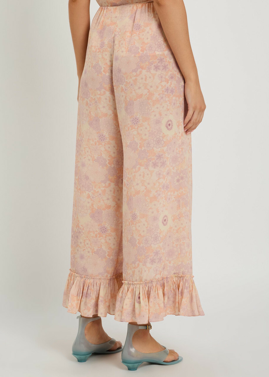 Chloe Floral-print Frill Wide-leg Silk Trousers Pink