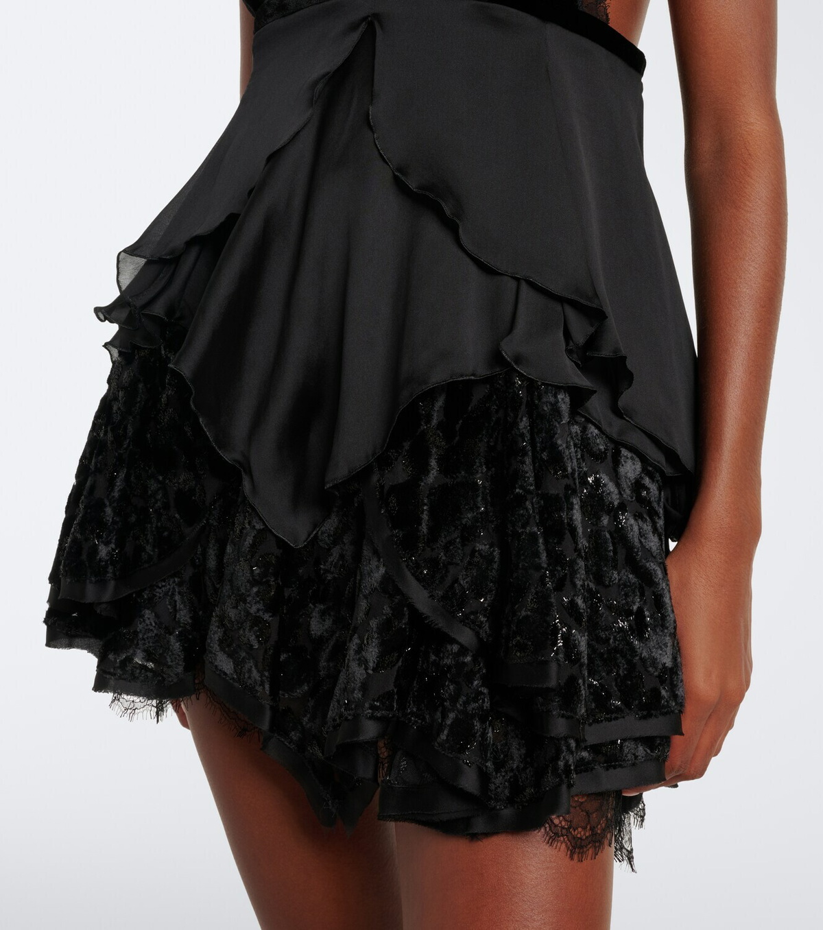 Roberto Cavalli Lace-trimmed ruffled silk minidress