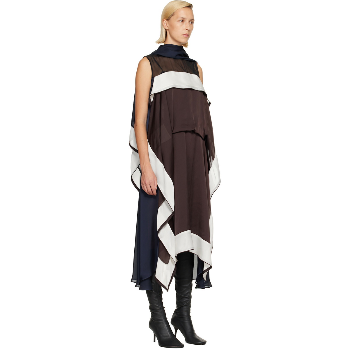 sacai Brown Satin & Chiffon Midi Dress
