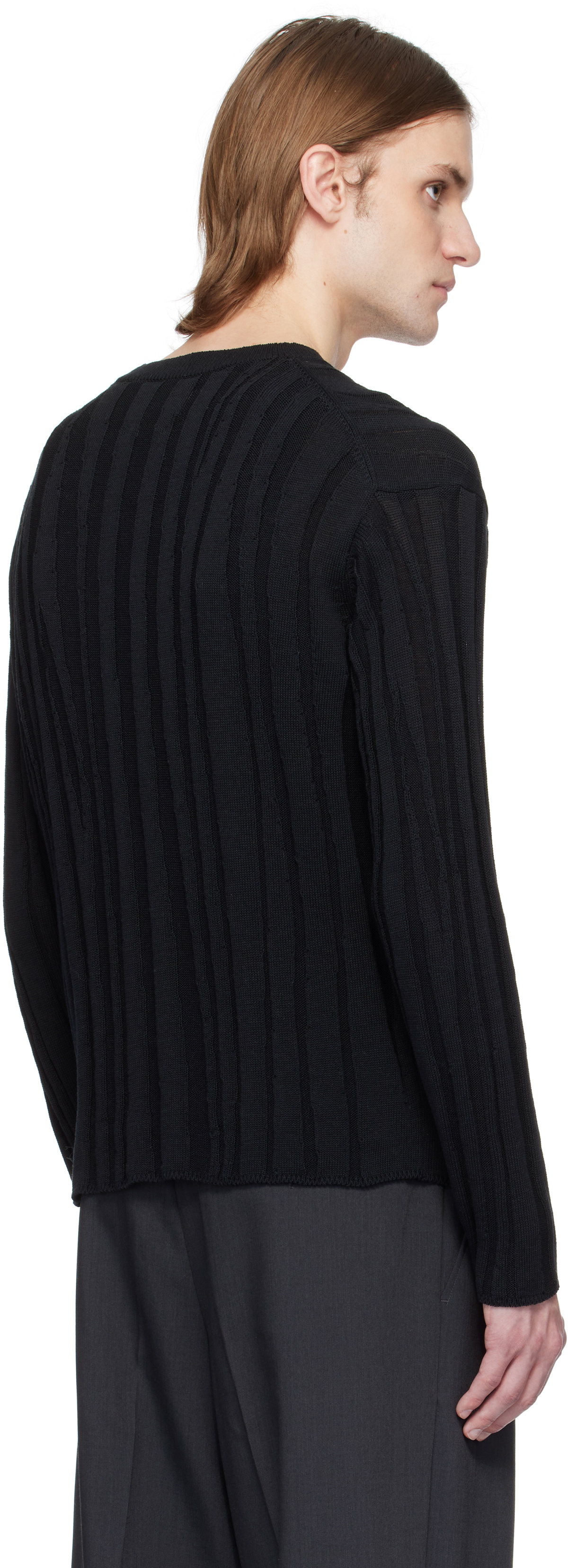 YOKE Black Roundum Rib Crewneck Sweater