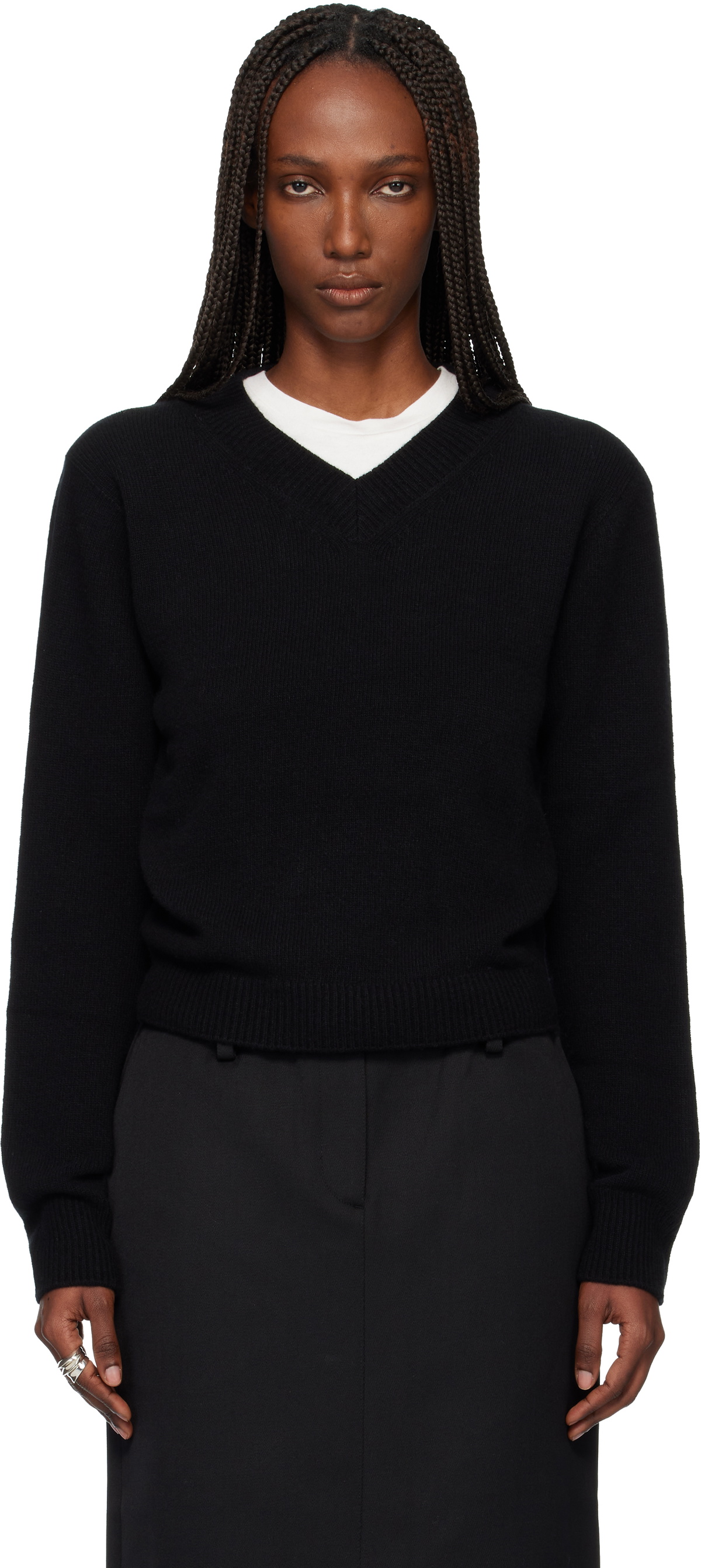 TONYWACK Black Cropped V-Neck Wool Sweater