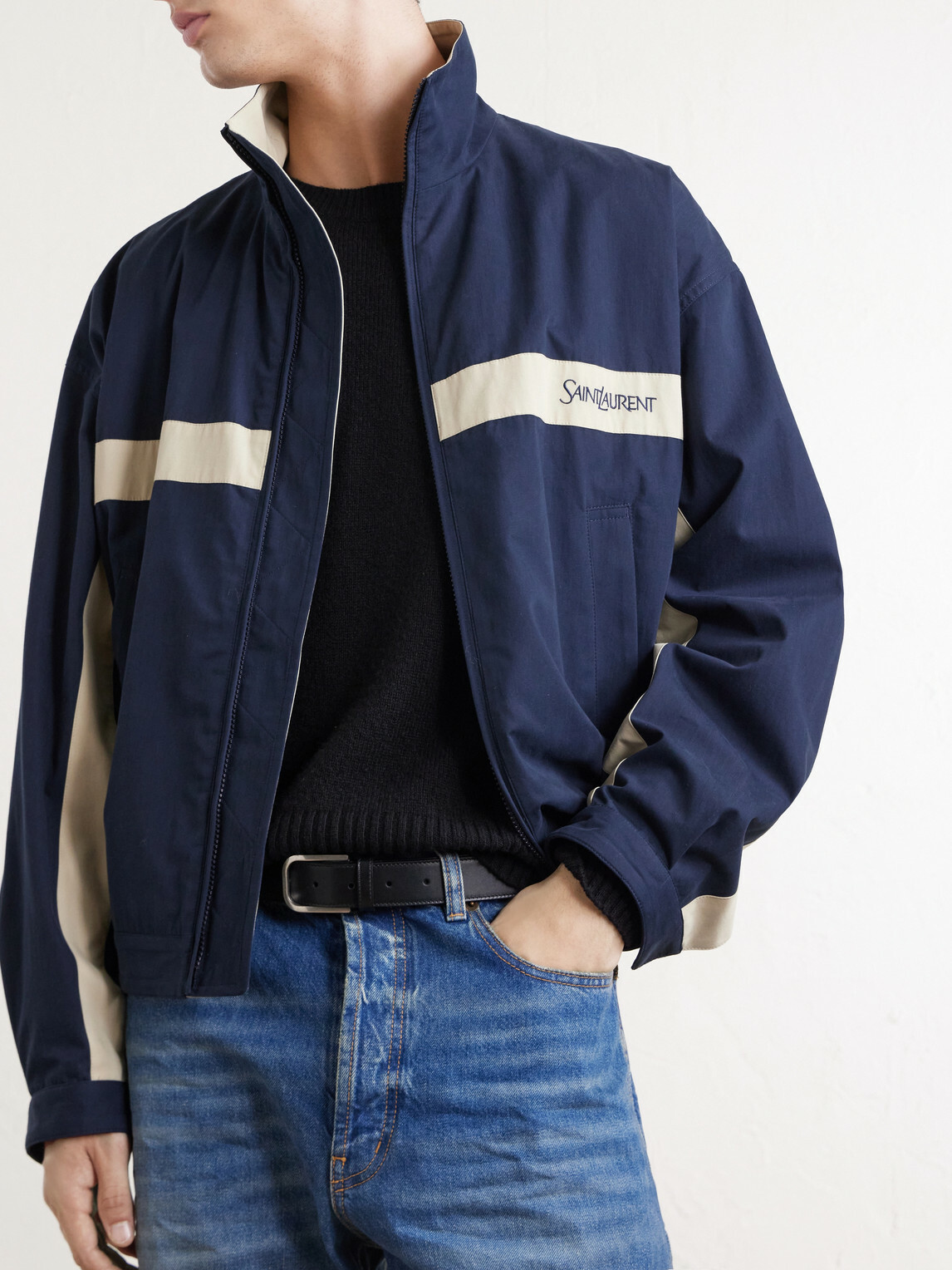SAINT LAURENT - Panelled Logo-Embroidered Cassandre-Embellished Cotton Jacket - Blue