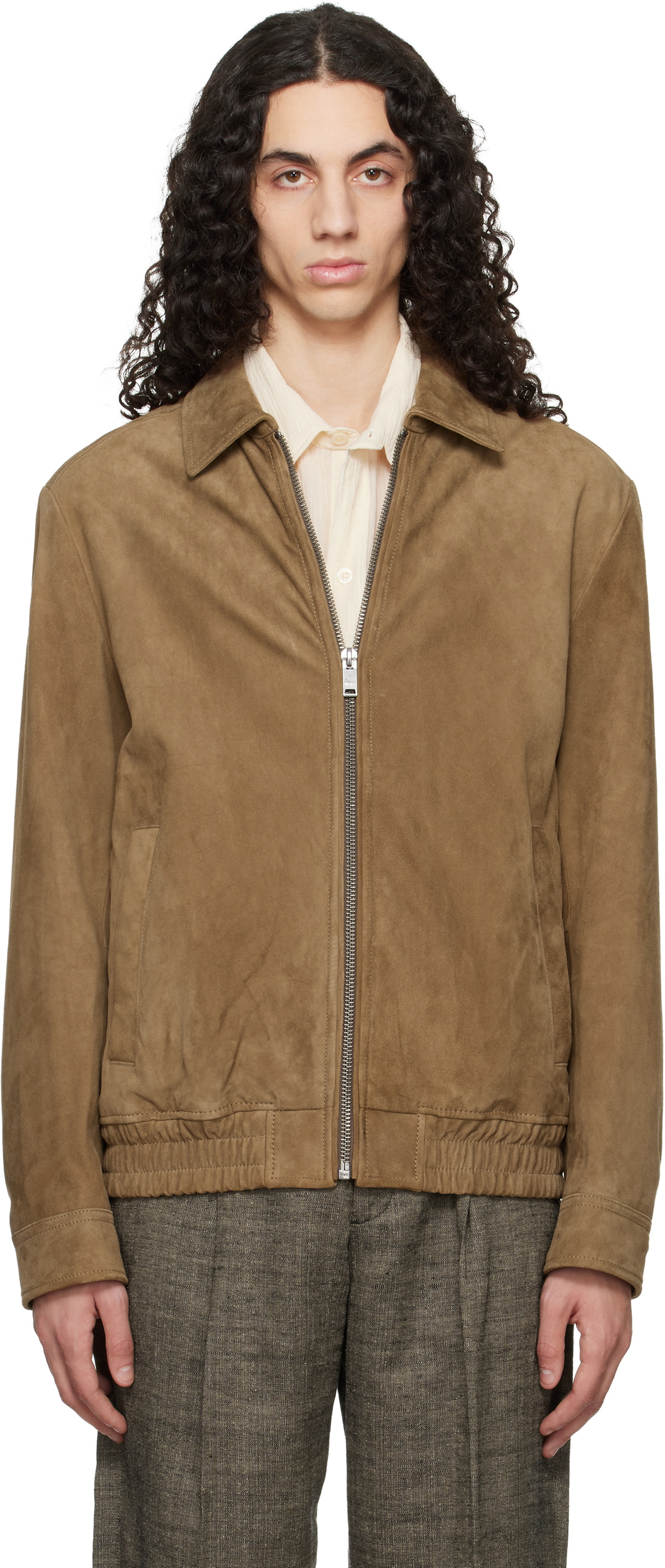 BOSS Tan Soft Suede Bomber Jacket