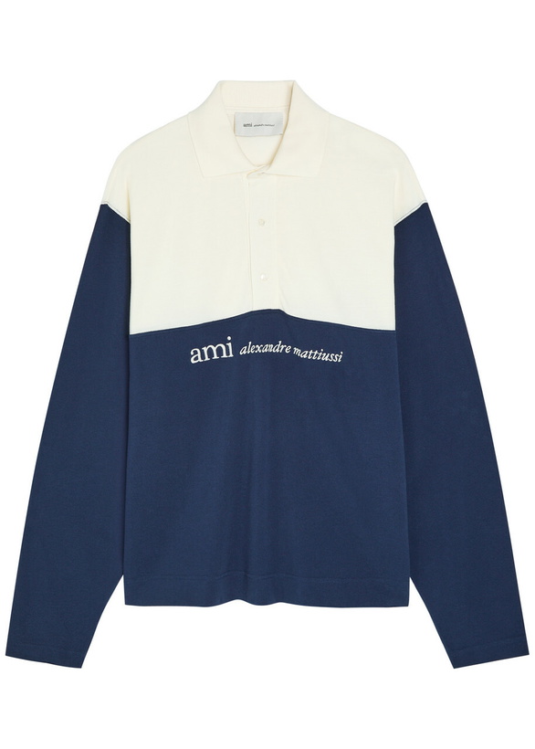 Photo: Ami Paris Logo-embroidered Panelled Piqué Cotton Polo Shirt Cream