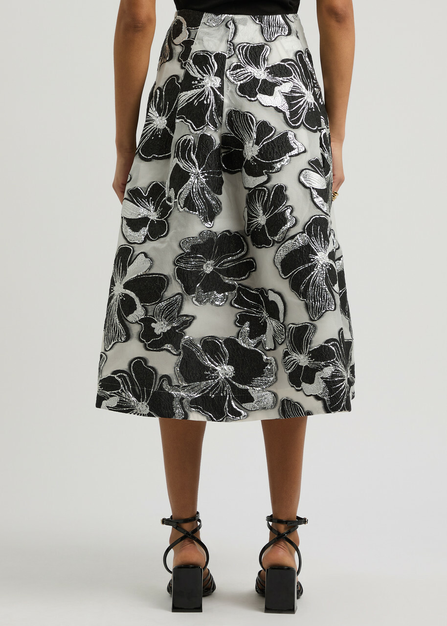 Stine Goya Floral-jacquard Organza Midi Skirt Black And White