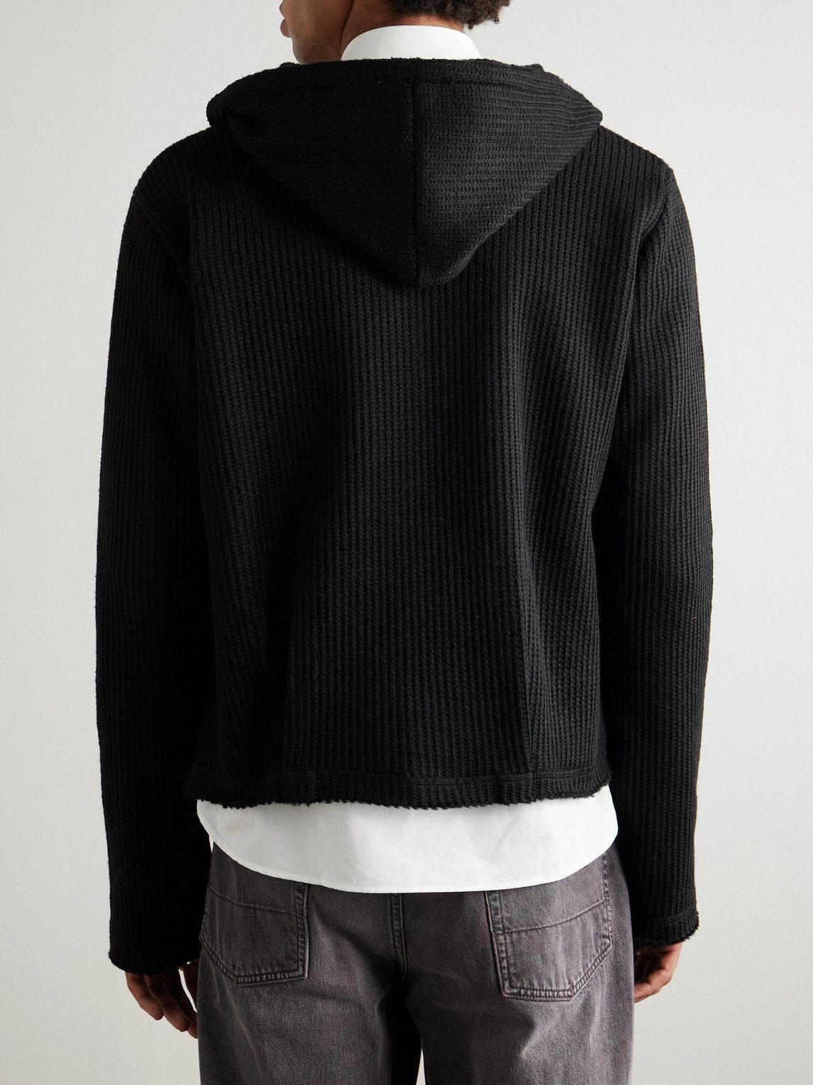 424 - Cropped Ribbed-Knit Zip-Up Hoodie - Black