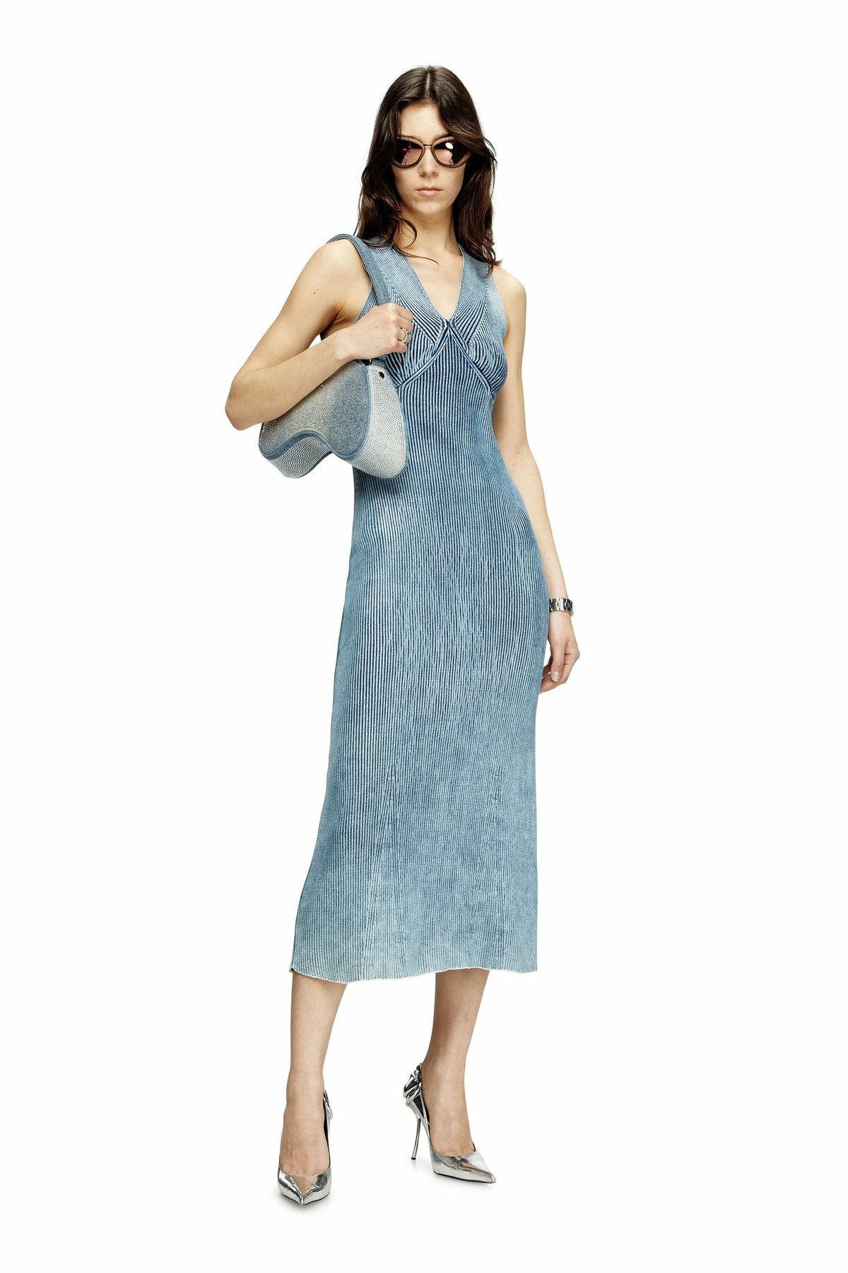 Diesel Denim-yarn midi dress with shiny effect - Dresses Womens in Blue
