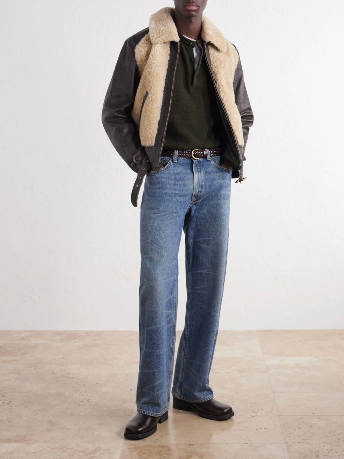RRL - Geronimo Belted Shearling-Trimmed Leather Jacket - Brown