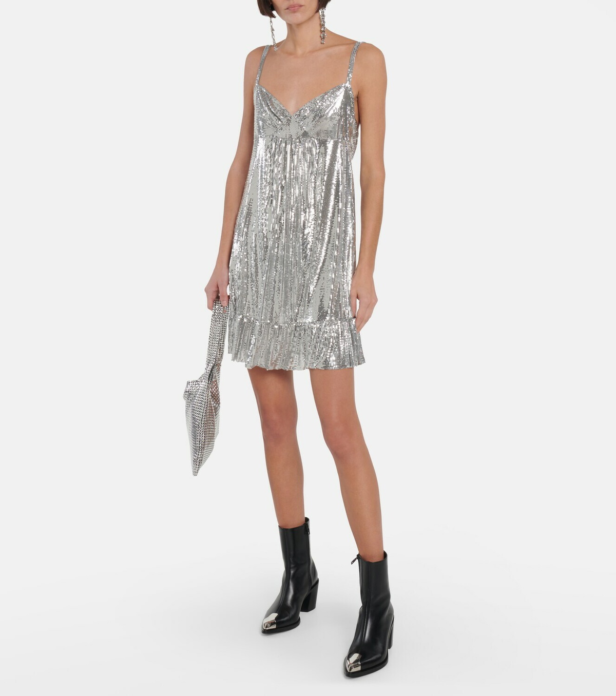 paco rabanne-esque silver chain mini dress Paco Rabanne sequin chain-disc mini dress
