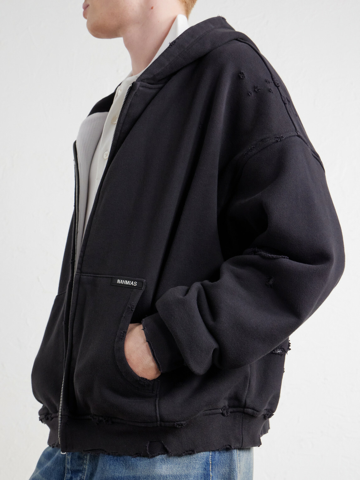 NAHMIAS - Distressed Cotton-Jersey Zip-Up Hoodie - Black