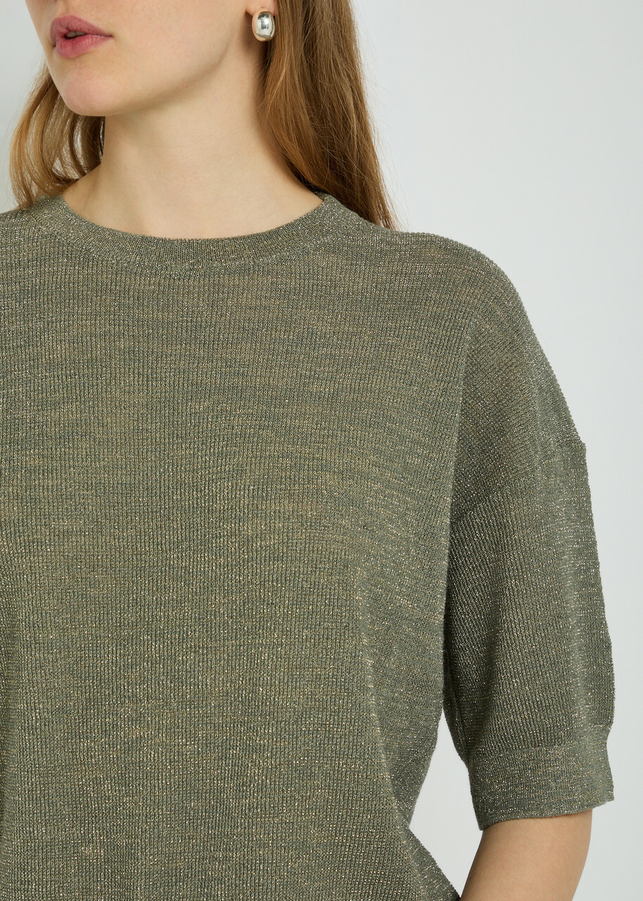 Brunello Cucinelli Metallic Fine-knit Sweater top Khaki
