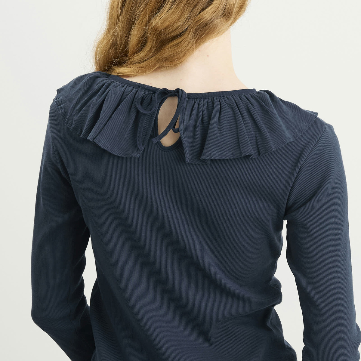 Beams Boy Women's Rib Knitted Ruffle Gathered Long Sleeve T-Shirt in Navy