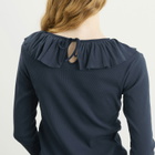 Beams Boy Women's Rib Knitted Ruffle Gathered Long Sleeve T-Shirt in Navy