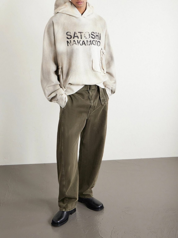 Photo: Satoshi Nakamoto - Cargo Oversized Distressed Logo-Print Cotton-Jersey Hoodie - White