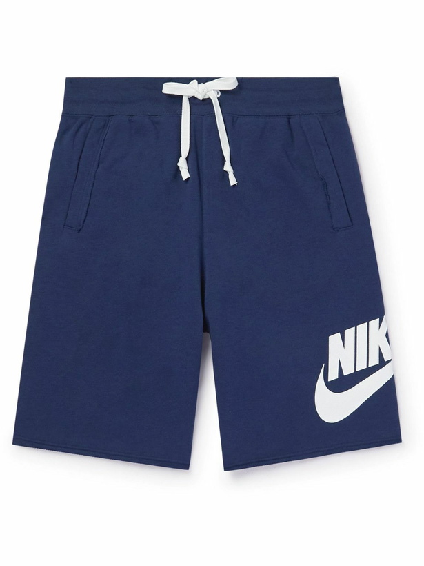 Photo: Nike - Straight-Leg Logo-Print Cotton-Blend Jersey Drawstring Shorts - Blue