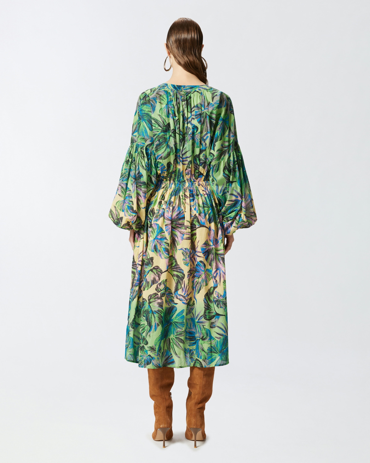 Pinko Wide Midi Dress With Tropical Leaf Motif Multi. Yellow/Pink